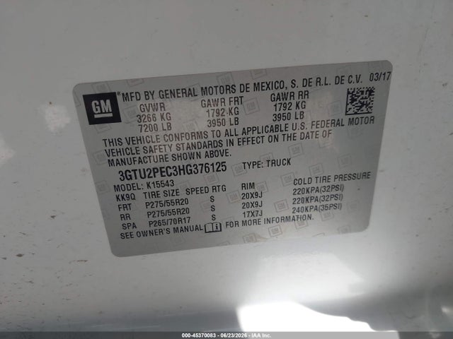 Продаж на аукціоні авто 2017 Gmc Sierra 1500 Denali, vin: 3GTU2PEC3HG376125, номер лоту: 45370083