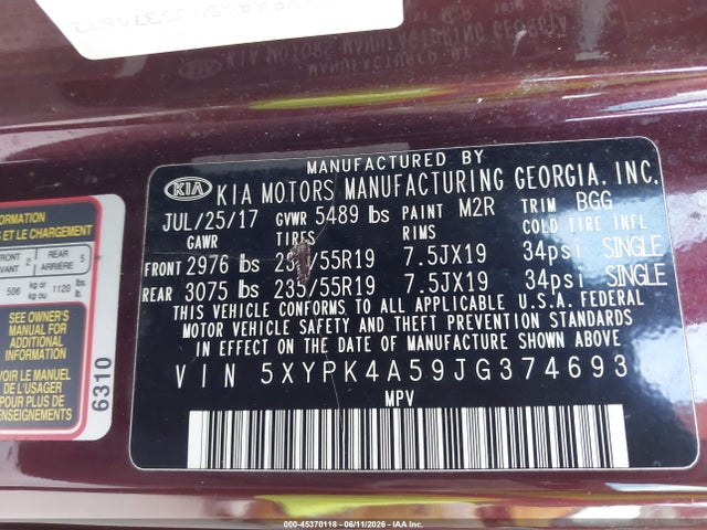 2018 Kia Sorento 3.3l Sx მანქანა იყიდება აუქციონზე, vin: 5XYPK4A59JG374693, აუქციონის ნომერი: 45370118