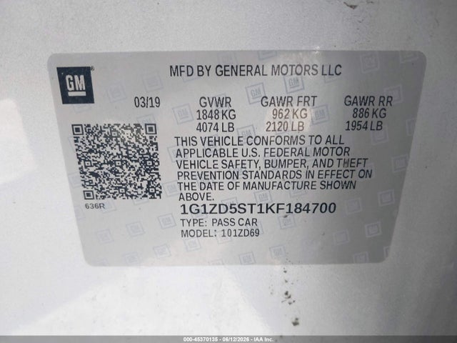 2019 Chevrolet Malibu Lt მანქანა იყიდება აუქციონზე, vin: 1G1ZD5ST1KF184700, აუქციონის ნომერი: 45370135