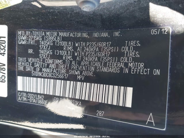 2012 Toyota Sienna Xle V6 8 Passenger მანქანა იყიდება აუქციონზე, vin: 5TDYK3DC8CS256617, აუქციონის ნომერი: 45370136
