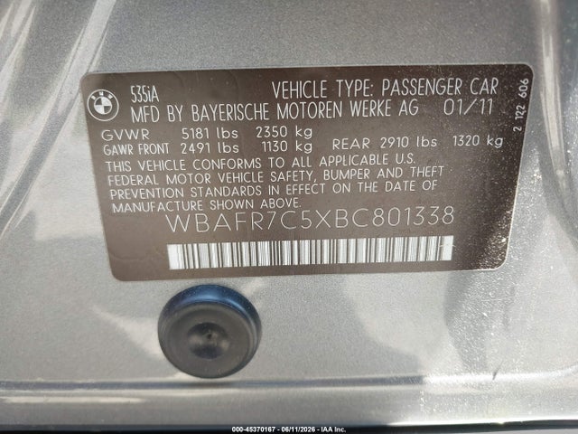 Aukcja sprzedaży 2011 Bmw 535i, vin: WBAFR7C5XBC801338, numer aukcji: 45370167