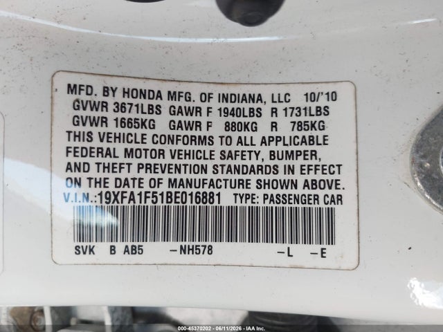Продажа на аукционе авто 2011 Honda Civic Lx, vin: 19XFA1F51BE016881, номер лота: 45370202