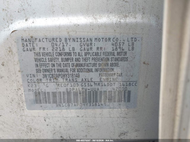 Aukcja sprzedaży 2017 Nissan Sentra Sr Turbo, vin: 3N1CB7AP0HY318149, numer aukcji: 45370207