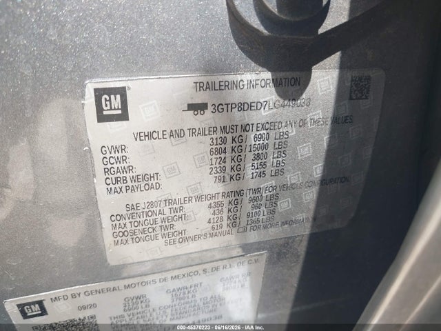 Продаж на аукціоні авто 2020 Gmc Sierra 1500 2wd  Short Box Slt, vin: 3GTP8DED7LG449038, номер лоту: 45370223