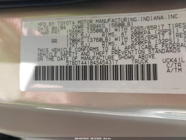 Aukcja sprzedaży 2004 Toyota Tundra Sr5 V8, vin: 5TBDT44184S454317, numer aukcji: 45370230