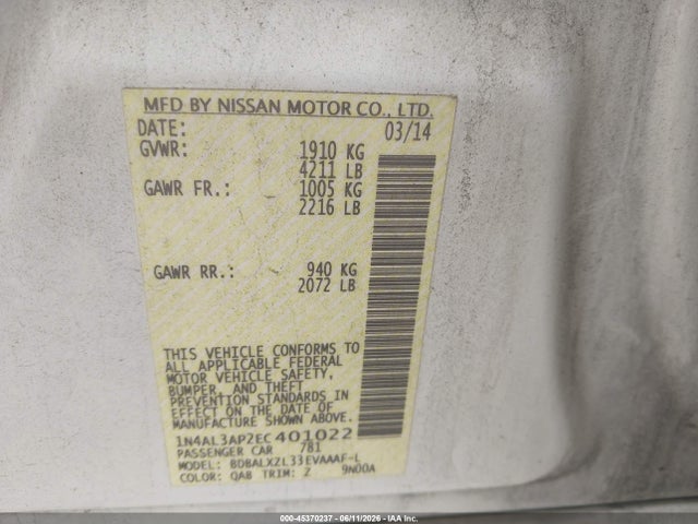 Aukcja sprzedaży 2014 Nissan Altima 2.5 Sl, vin: 1N4AL3AP2EC401022, numer aukcji: 45370237