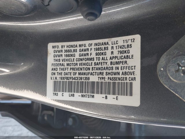 Aukcja sprzedaży 2012 Honda Civic Lx, vin: 19XFB2F54CE391359, numer aukcji: 45370268