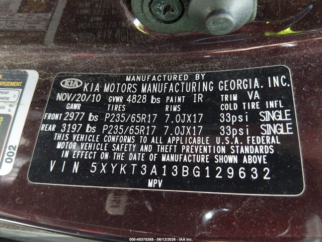 Aukcja sprzedaży 2011 Kia Sorento Lx, vin: 5XYKT3A13BG129632, numer aukcji: 45370269