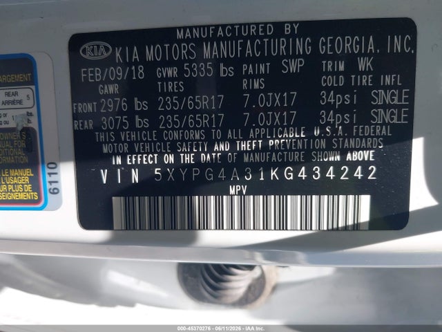 45370276 :رقم المزاد ، 5XYPG4A31KG434242 vin ، 2019 Kia Sorento 2.4l Lx مزاد بيع