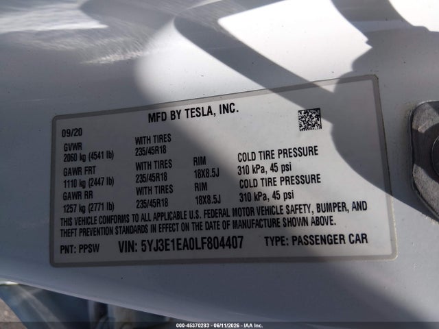 Aukcja sprzedaży 2020 Tesla Model 3, vin: 5YJ3E1EA0LF804407, numer aukcji: 45370283