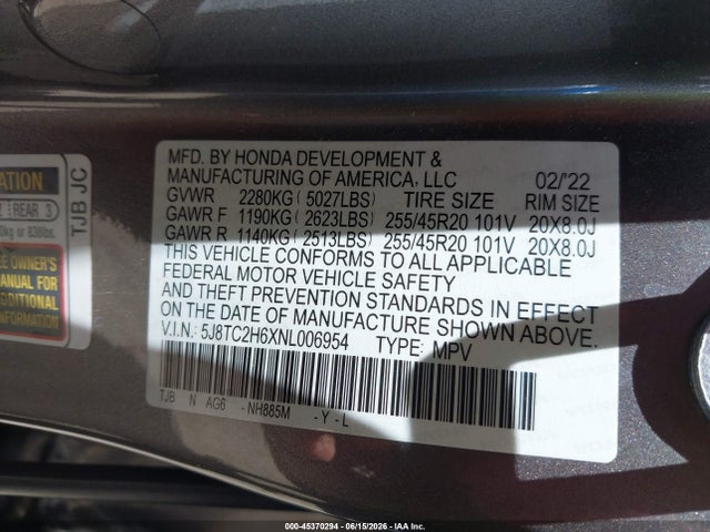 Aukcja sprzedaży 2022 Acura Rdx A-spec Package, vin: 5J8TC2H6XNL006954, numer aukcji: 45370294