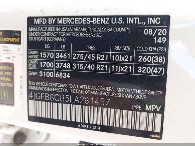 45370299 :رقم المزاد ، 4JGFB8GB5LA281457 vin ، 2020 Mercedes-benz Gle 580 4matic مزاد بيع