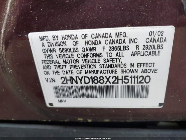 2002 Acura Mdx მანქანა იყიდება აუქციონზე, vin: 2HNYD188X2H511120, აუქციონის ნომერი: 45370300