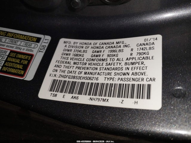 Honda Civic Lx 2014 2HGFG3B53EH506216 Image 9