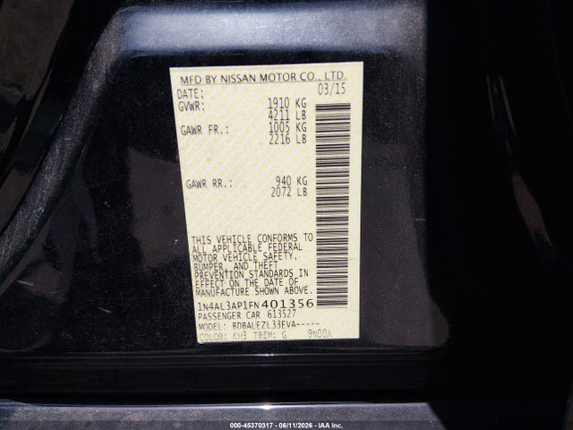 Продажа на аукционе авто 2015 Nissan Altima 2.5 S, vin: 1N4AL3AP1FN401356, номер лота: 45370317
