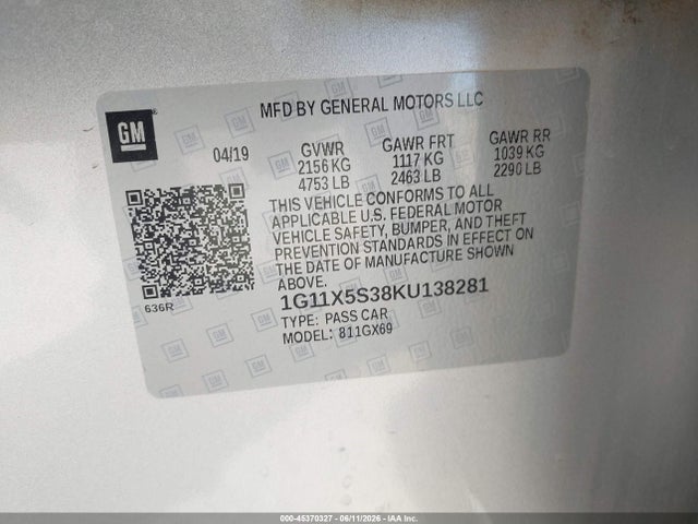 Aukcja sprzedaży 2019 Chevrolet Impala Ls, vin: 1G11X5S38KU138281, numer aukcji: 45370327