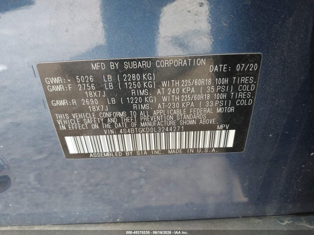 2020 Subaru Outback Onyx Edition Xt მანქანა იყიდება აუქციონზე, vin: 4S4BTGKD0L3244271, აუქციონის ნომერი: 45370330