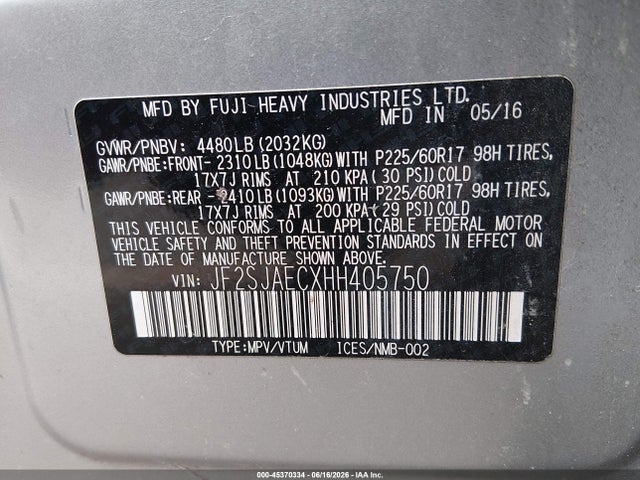 45370334 :رقم المزاد ، JF2SJAECXHH405750 vin ، 2017 Subaru Forester 2.5i Premium مزاد بيع