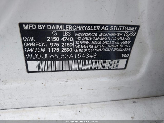 Продаж на аукціоні авто 2003 Mercedes-benz E 320, vin: WDBUF65J53A154348, номер лоту: 45370354