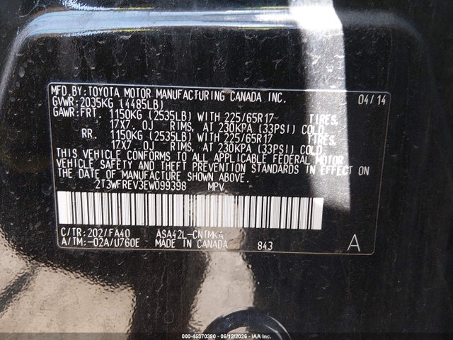 2T3WFREV3EW099398 Toyota Rav4 Xle