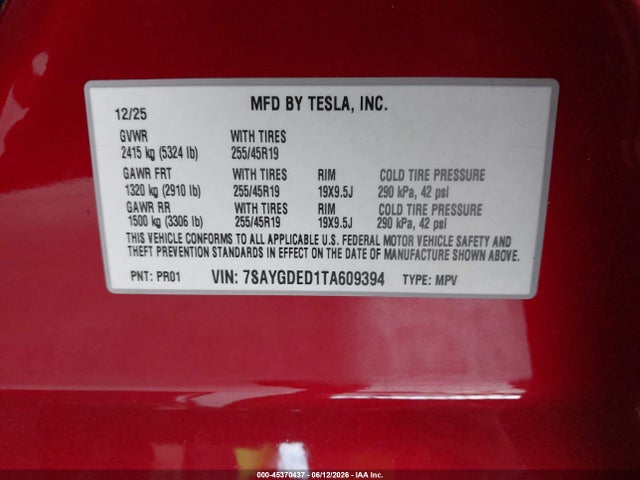 7SAYGDED1TA609394 Tesla Model Y Premium Rear-wheel Drive/rear-wheel Drive