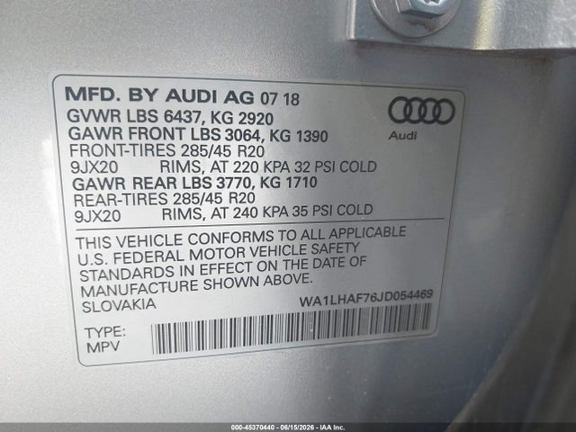Продаж на аукціоні авто 2018 Audi Q7 2.0t Premium, vin: WA1LHAF76JD054469, номер лоту: 45370440