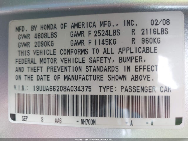 45370442 :رقم المزاد ، 19UUA66208A034375 vin ، 2008 Acura Tl 3.2 مزاد بيع