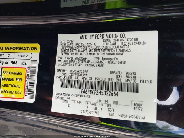 2017 Ford Mustang Gt Premium მანქანა იყიდება აუქციონზე, vin: 1FA6P8CF2H5322664, აუქციონის ნომერი: 45370469