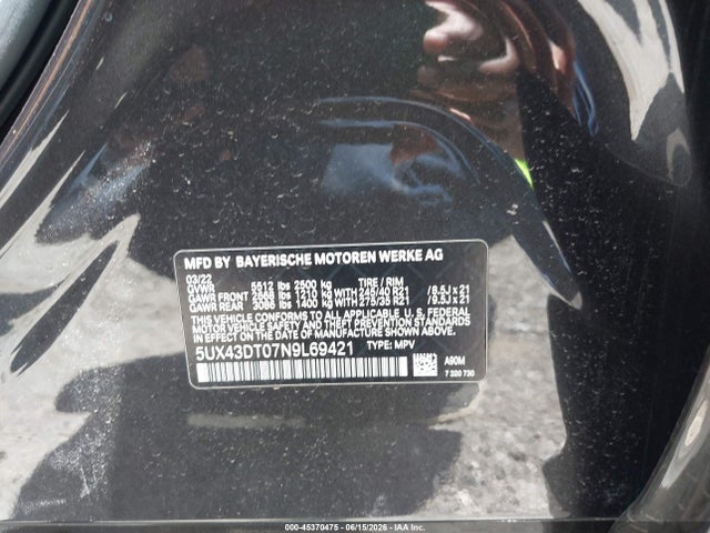45370475 :رقم المزاد ، 5UX43DT07N9L69421 vin ، 2022 Bmw X4 M40i مزاد بيع