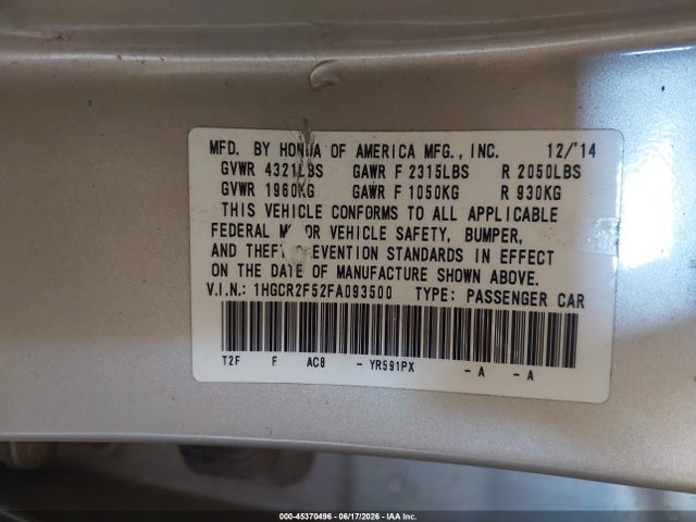 Продаж на аукціоні авто 2015 Honda Accord Sport, vin: 1HGCR2F52FA093500, номер лоту: 45370496