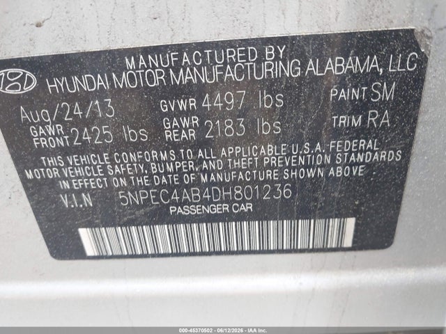 Aukcja sprzedaży 2013 Hyundai Sonata Se 2.0t, vin: 5NPEC4AB4DH801236, numer aukcji: 45370502