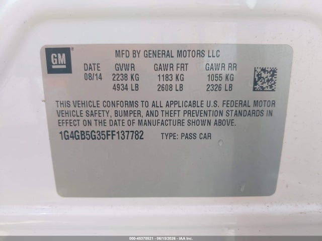 Продажа на аукционе авто 2015 Buick Lacrosse Leather, vin: 1G4GB5G35FF137782, номер лота: 45370521