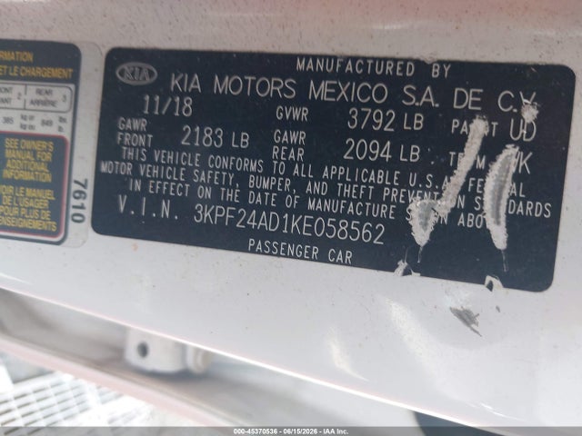 Auction sale of the 2019 Kia Forte Lxs, vin: 3KPF24AD1KE058562, lot number: 45370536