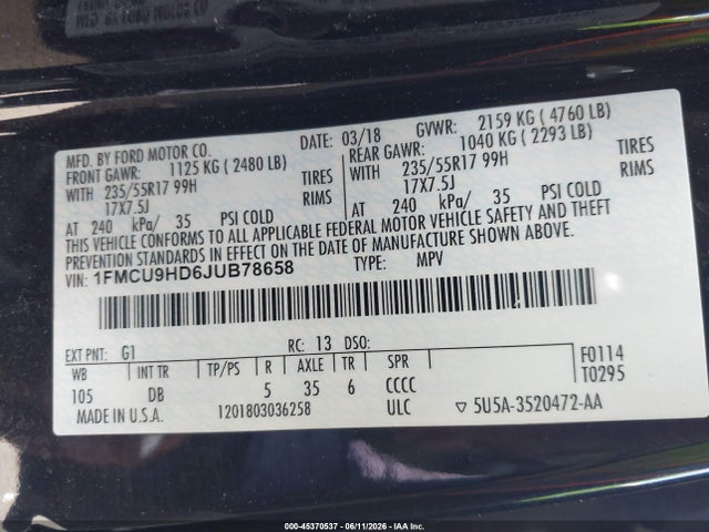 Aukcja sprzedaży 2018 Ford Escape Sel, vin: 1FMCU9HD6JUB78658, numer aukcji: 45370537