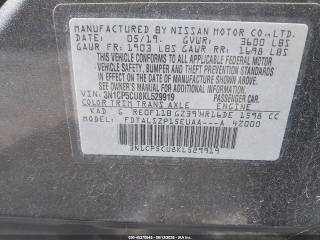 45370545 :رقم المزاد ، 3N1CP5CU8KL529919 vin ، 2019 Nissan Kicks Sv مزاد بيع
