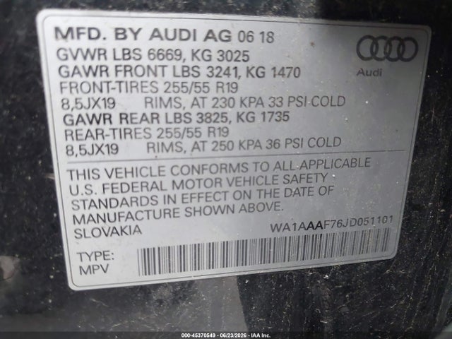 Продажа на аукционе авто 2018 Audi Q7 3.0t Premium, vin: WA1AAAF76JD051101, номер лота: 45370549