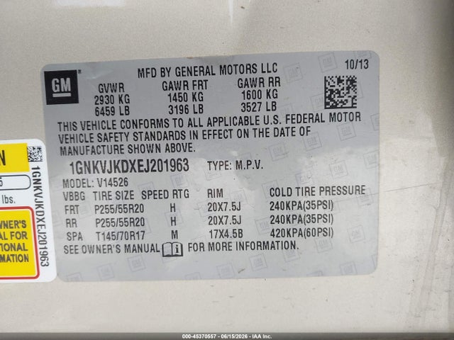 Chevrolet Traverse Ltz 2014 1GNKVJKDXEJ201963 Image 9