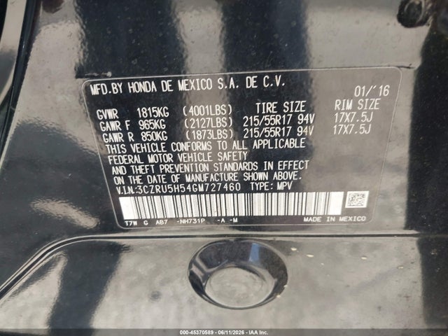 Aukcja sprzedaży 2016 Honda Hr-v Ex, vin: 3CZRU5H54GM727460, numer aukcji: 45370589
