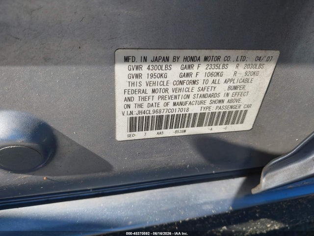 2007 Acura Tsx მანქანა იყიდება აუქციონზე, vin: JH4CL96877C017018, აუქციონის ნომერი: 45370592