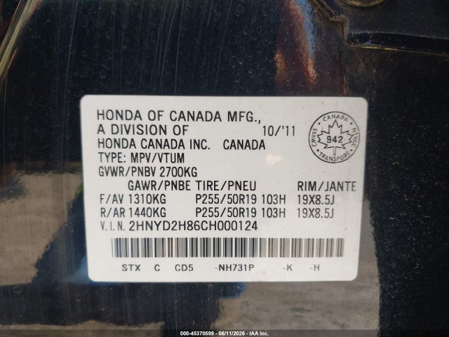 Aukcja sprzedaży 2012 Acura Mdx Advance Package, vin: 2HNYD2H86CH000124, numer aukcji: 45370599