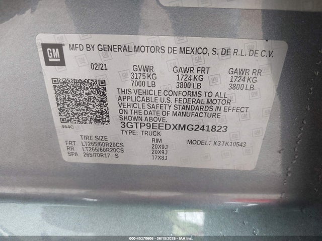 Aukcja sprzedaży 2021 Gmc Sierra 1500 4wd  Short Box At4, vin: 3GTP9EEDXMG241823, numer aukcji: 45370606