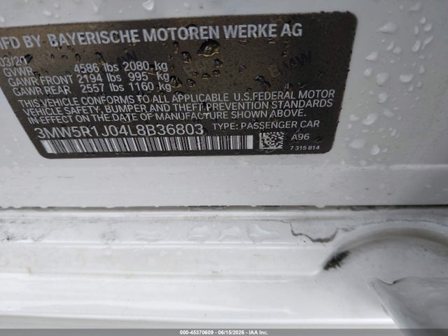 2020 Bmw 330i მანქანა იყიდება აუქციონზე, vin: 3MW5R1J04L8B36803, აუქციონის ნომერი: 45370609