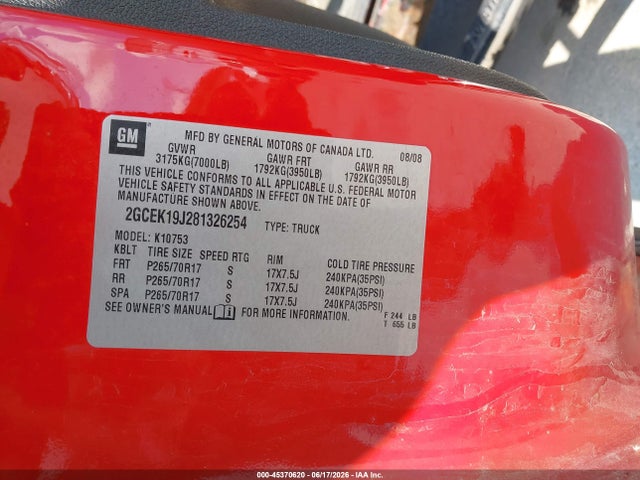 45370620 :رقم المزاد ، 2GCEK19J281326254 vin ، 2008 Chevrolet Silverado 1500 Lt1 مزاد بيع