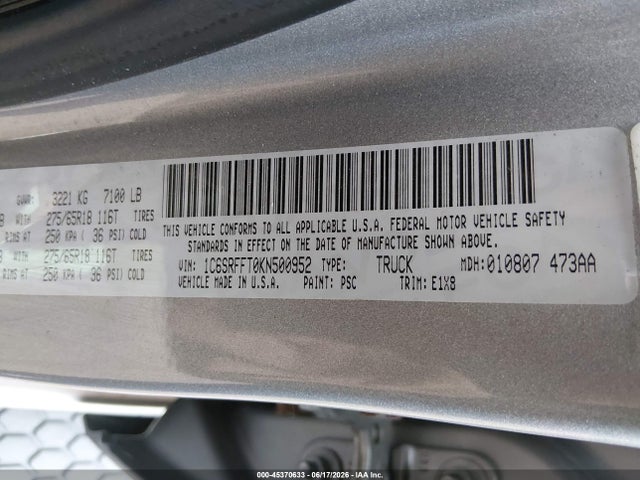 45370633 :رقم المزاد ، 1C6SRFFT0KN500952 vin ، 2019 Ram 1500 Big Horn/lone Star  4x4 5'7 Box مزاد بيع