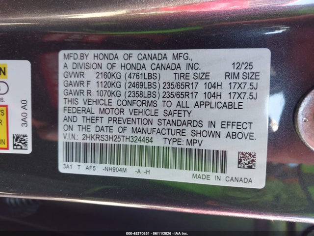 Honda Cr-v Lx 2wd 2026 2HKRS3H25TH324464 Image 9