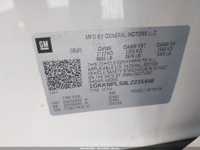 45370657 :رقم المزاد ، 1GKKNPLS8LZ235458 vin ، 2020 Gmc Acadia Fwd Denali مزاد بيع