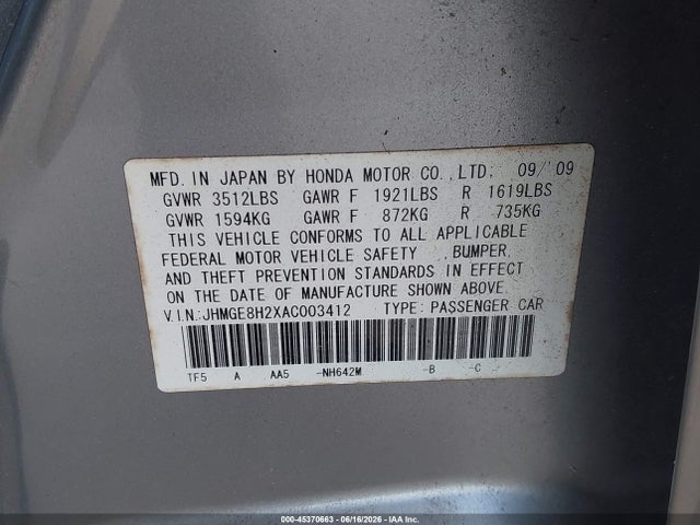 Продаж на аукціоні авто 2010 Honda Fit, vin: JHMGE8H2XAC003412, номер лоту: 45370663