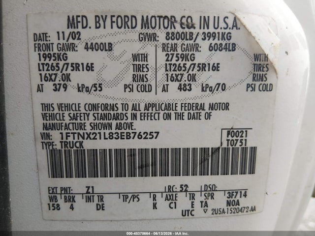 2003 Ford F-250 Lariat/xl/xlt მანქანა იყიდება აუქციონზე, vin: 1FTNX21L83EB76257, აუქციონის ნომერი: 45370664