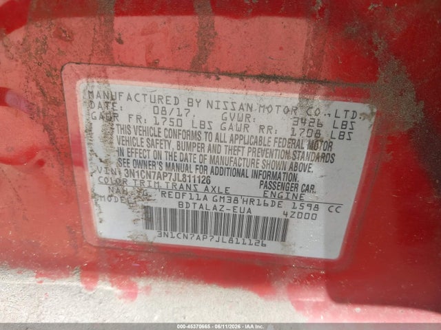 Продаж на аукціоні авто 2018 Nissan Versa 1.6 S+, vin: 3N1CN7AP7JL811126, номер лоту: 45370665