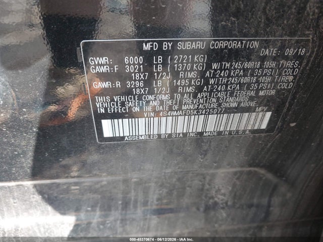 45370674 :رقم المزاد ، 4S4WMAFD5K3425077 vin ، 2019 Subaru Ascent Premium مزاد بيع